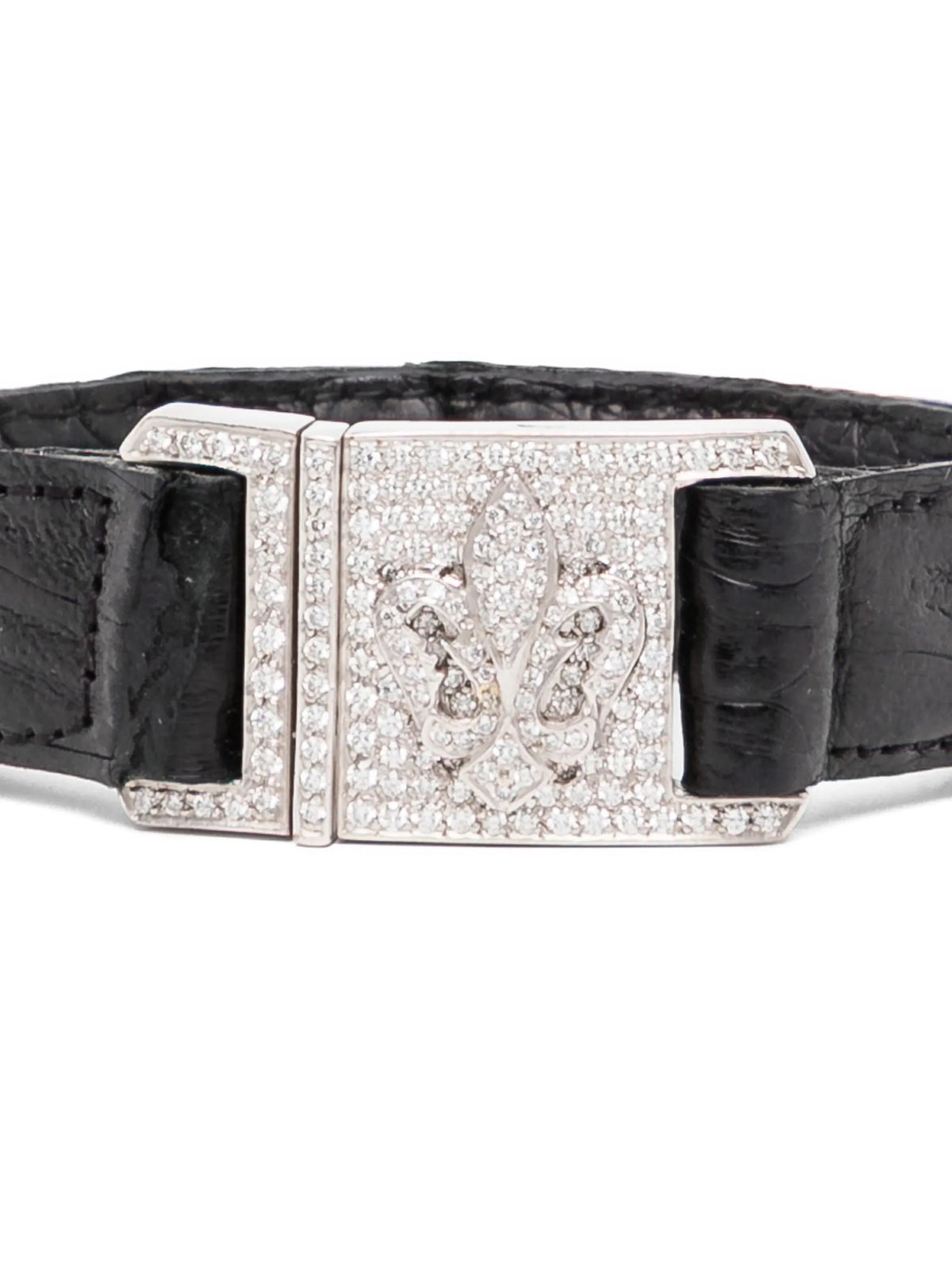 Fleur-de-Lis Pavé Buckle Leather Bracelet featuring a decorative metal buckle and intricate design, stylish accessory for wrists.