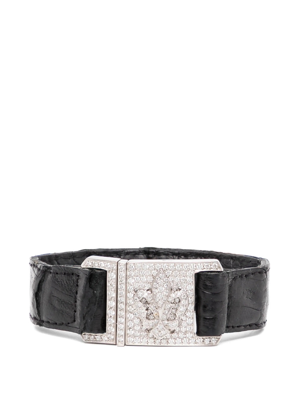 Fleur-de-Lis Pavé Buckle Leather Bracelet featuring decorative metal accents and a stylish buckle closure.