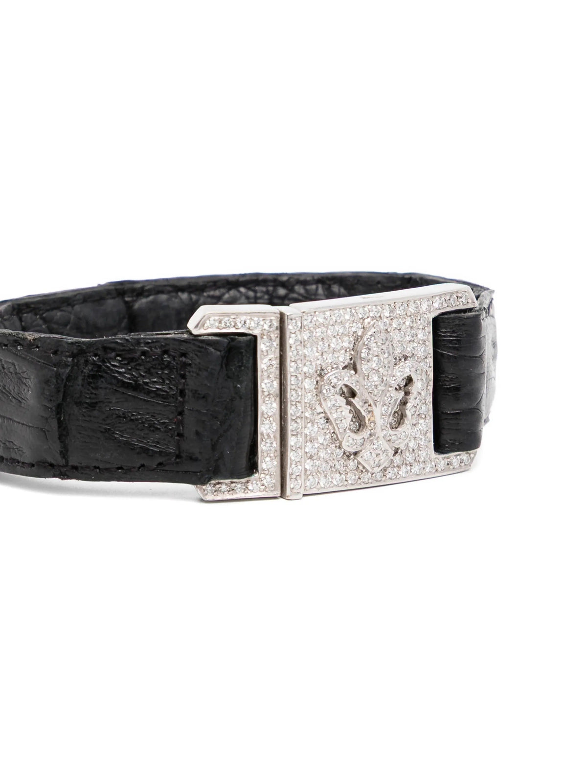Fleur-de-Lis Pavé Buckle Leather Bracelet with decorative metal buckle and detailed design, stylish accessory for men and women.