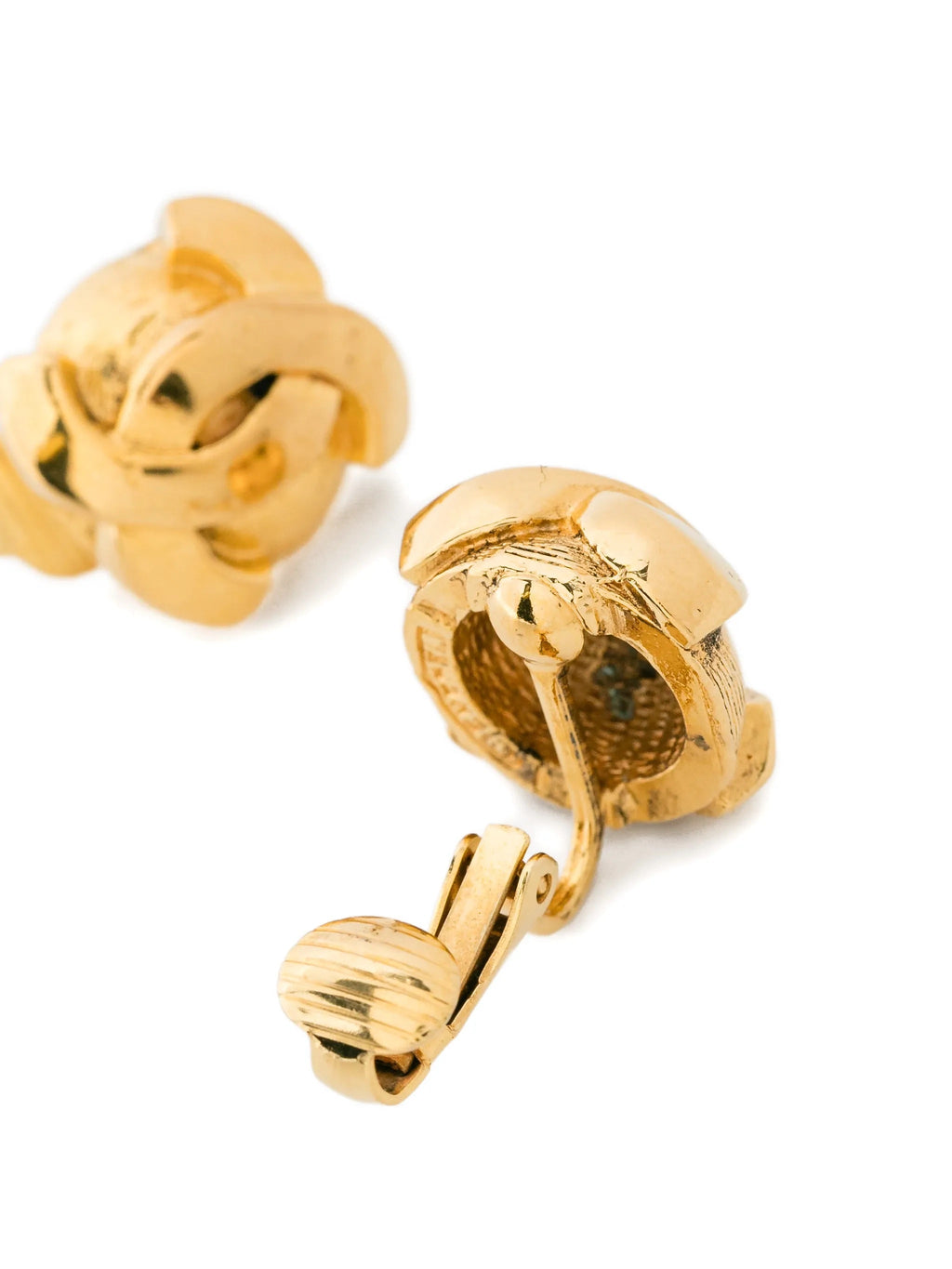 Chanel CC gold clip-on round earrings with polished finish and iconic logo design, suitable for elegant evening wear