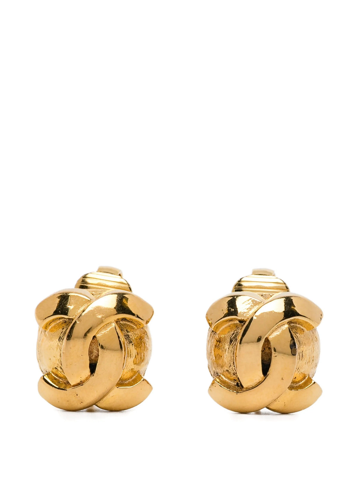 Chanel CC Gold Clip-On Round Earrings with the iconic logo, shiny gold finish, and classic circular design.