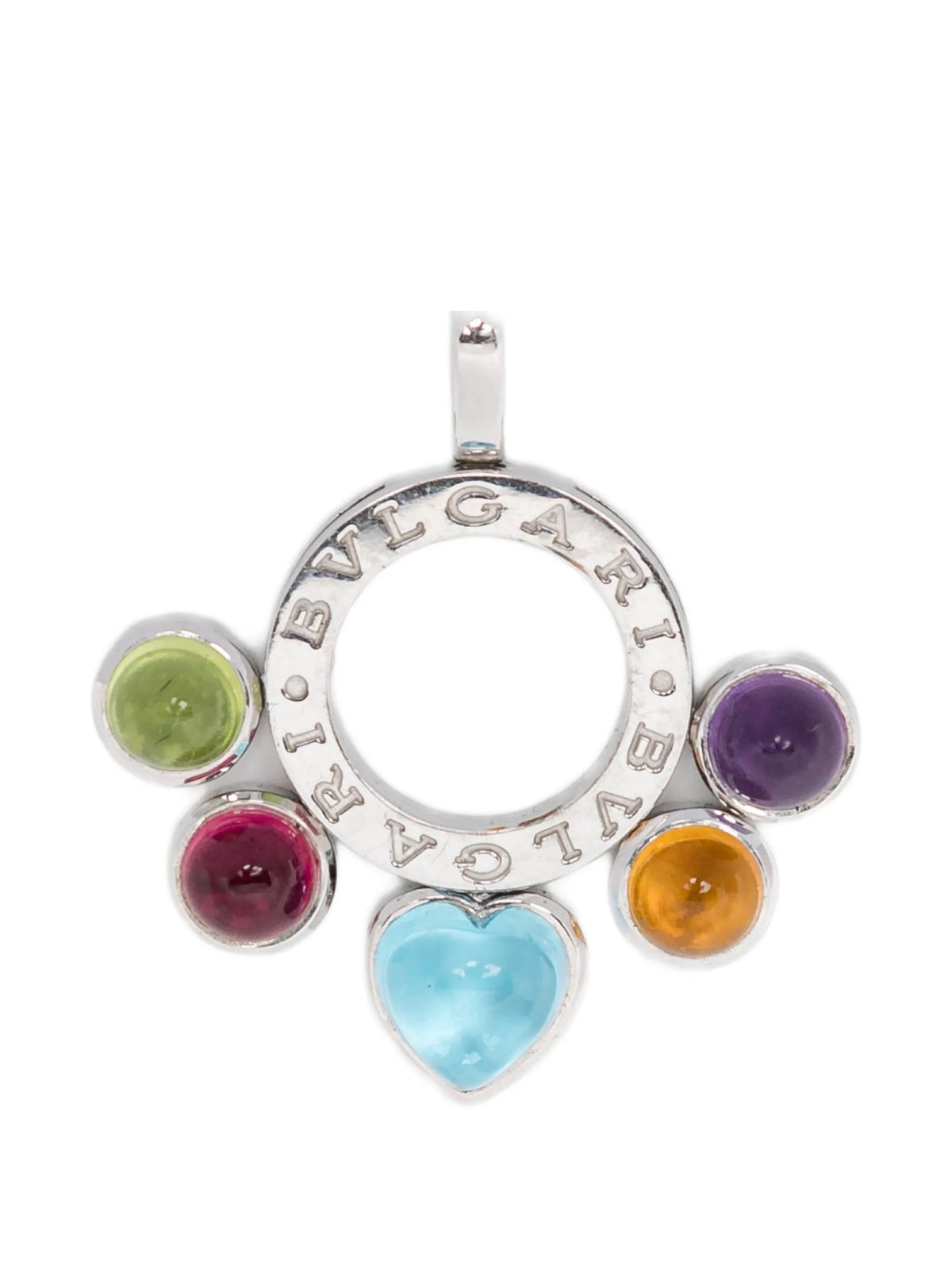 Bulgari White Gold Multicolour Stone Allegra Pendant necklace with vibrant gemstones on a sleek white gold chain.