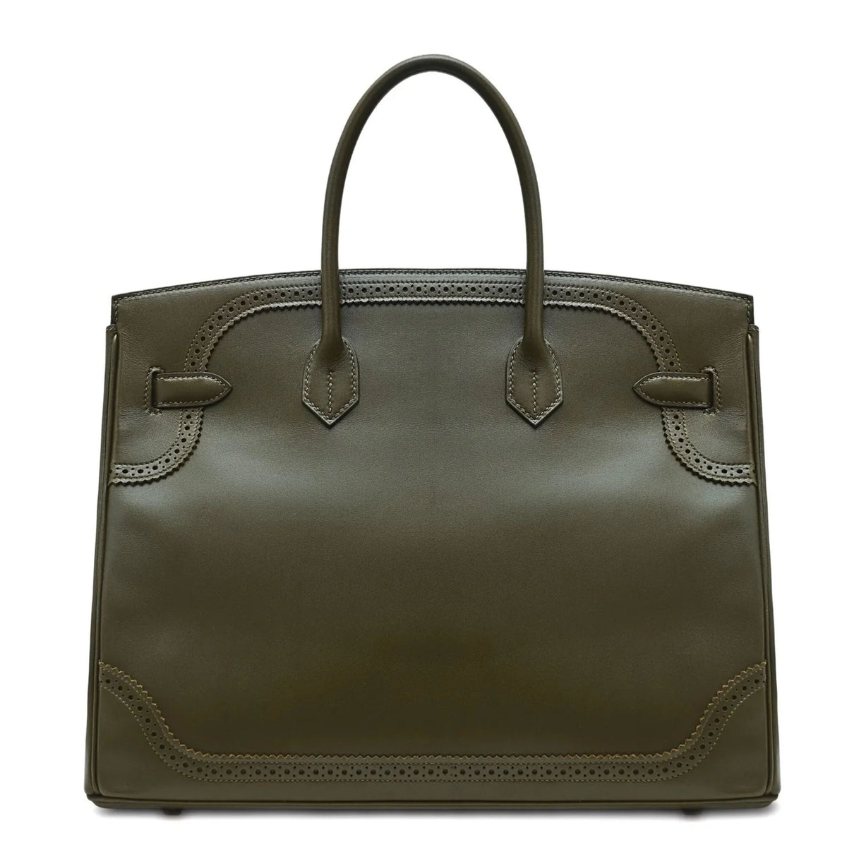 Hermès Birkin 35 Ghillies Tadelakt Vert Veronese top handle bag with smooth leather and elegant design.
