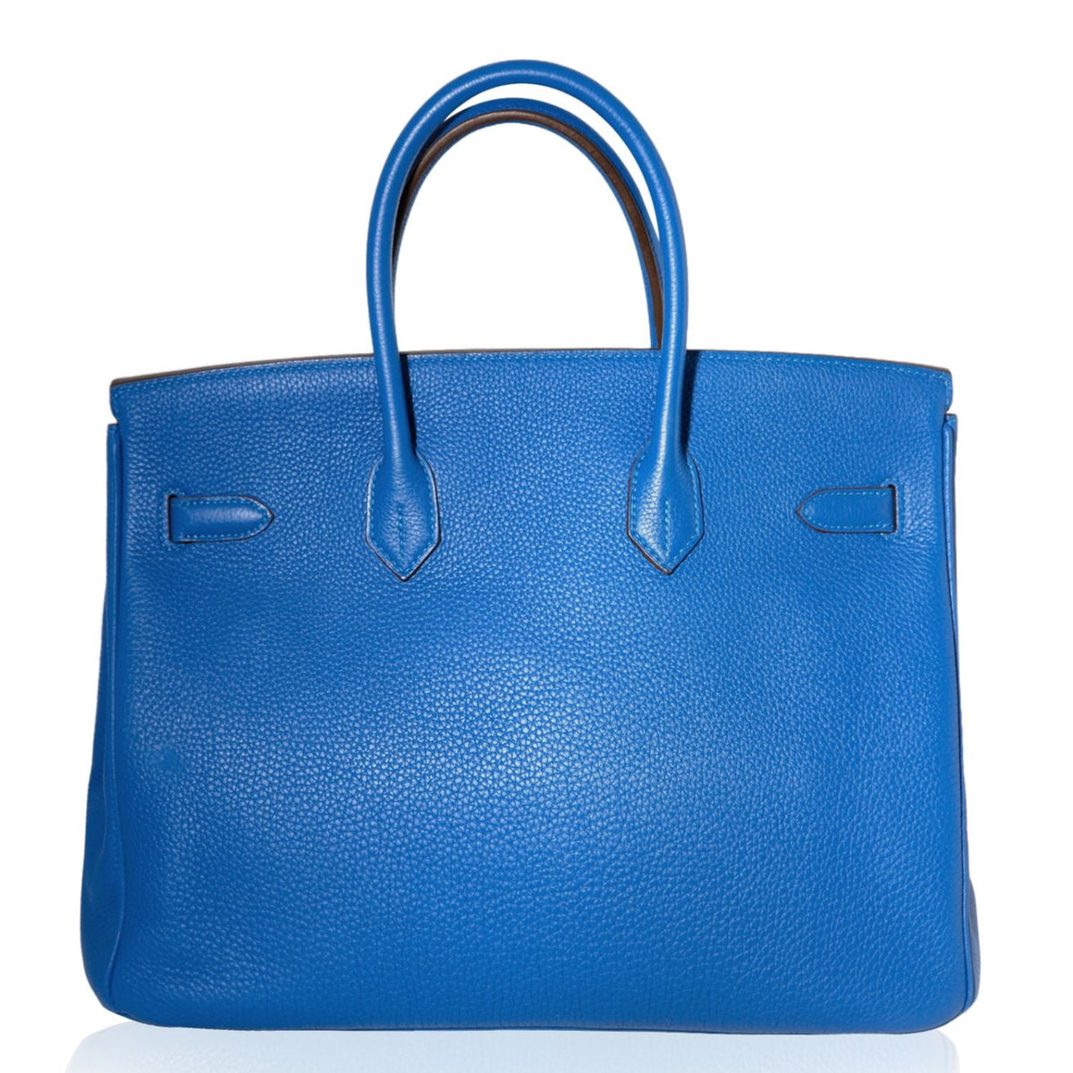 Hermès Birkin 35 Top Handle Bag in Blue Mykonos Epsom leather with PHW hardware, showing the elegant structured design.
