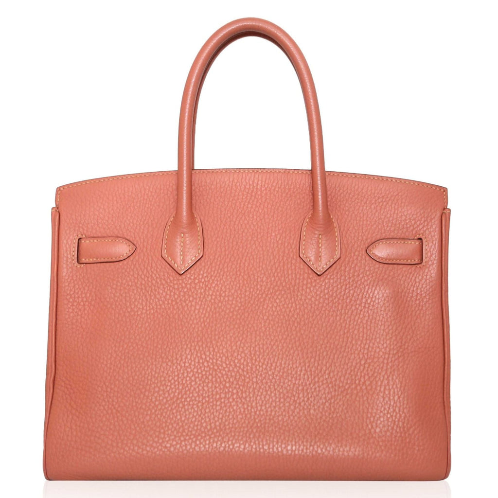 Hermès Birkin 30 Rose Tea Togo GHW top handle bag, showcasing soft leather, gold hardware, and elegant design.