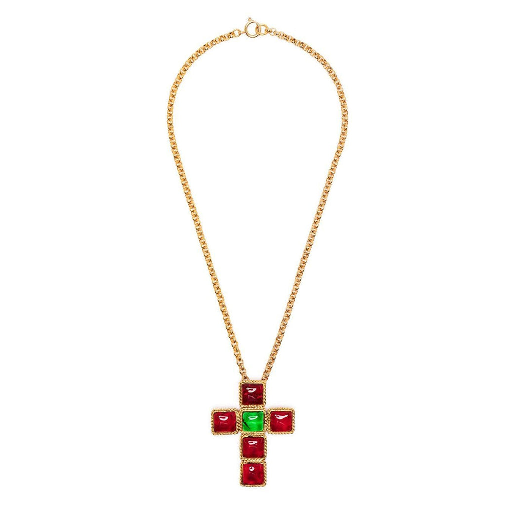 Vintage Finds Gripoix cabochon cross motif necklace featuring colorful glass stones and a delicate chain.