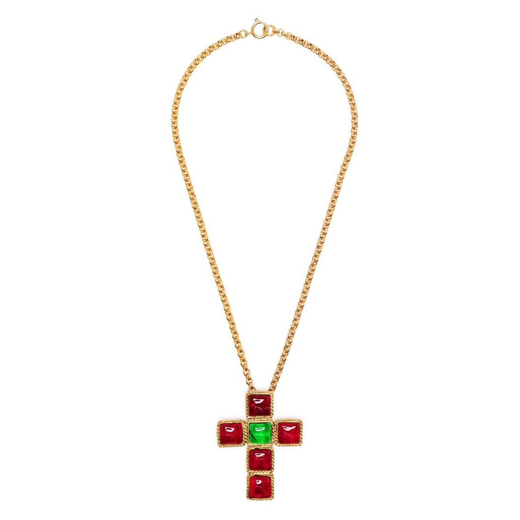 Vintage Finds Gripoix cabochon cross motif necklace featuring colorful glass stones and a delicate chain.