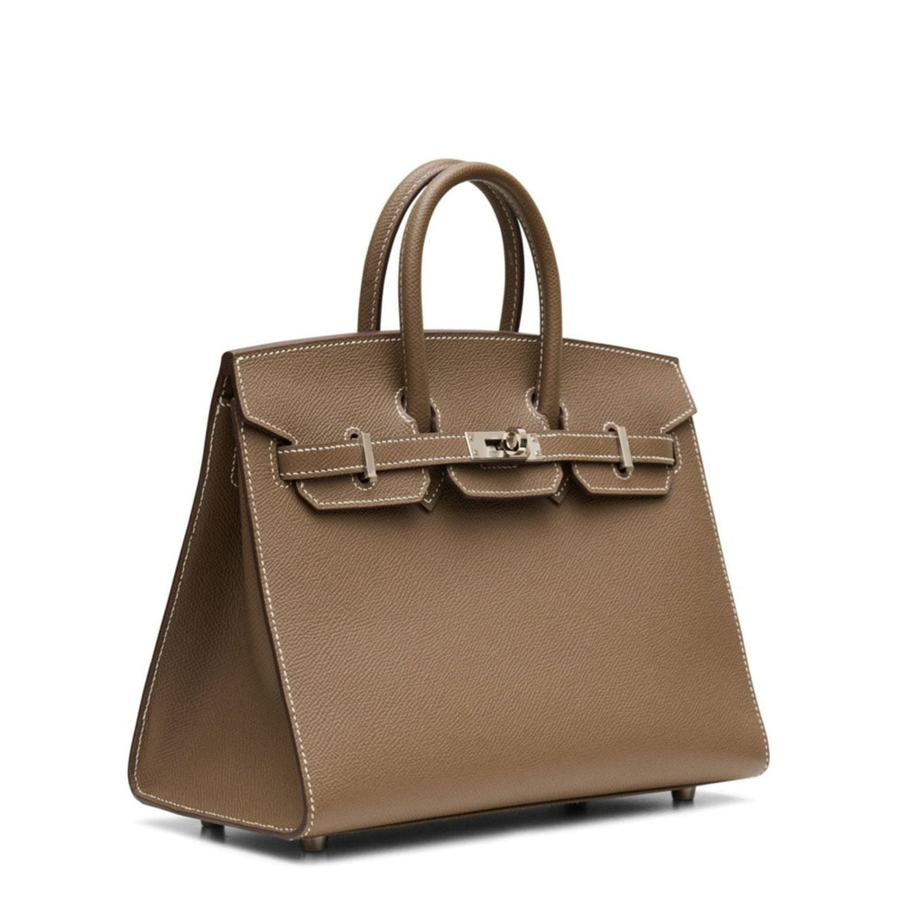 Hermès Birkin 25 Sellier Epsom top handle bag in Etoupe color with PHW hardware, showcasing its elegant craftsmanship and stitching.