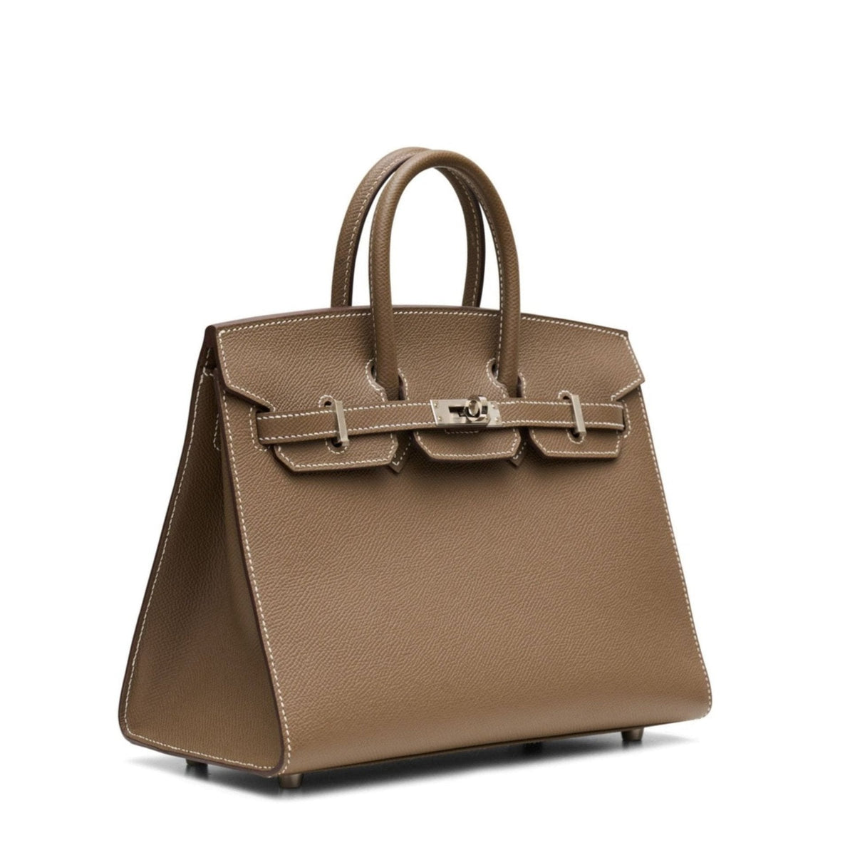 Hermès Birkin 25 Sellier Epsom top handle bag in Etoupe color with PHW hardware, showcasing its elegant craftsmanship and stitching.