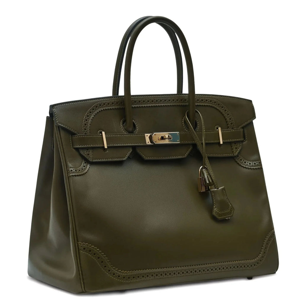 Hermès Birkin 35 Ghillies Tadelakt Vert Veronese top handle bag with smooth leather and elegant design.