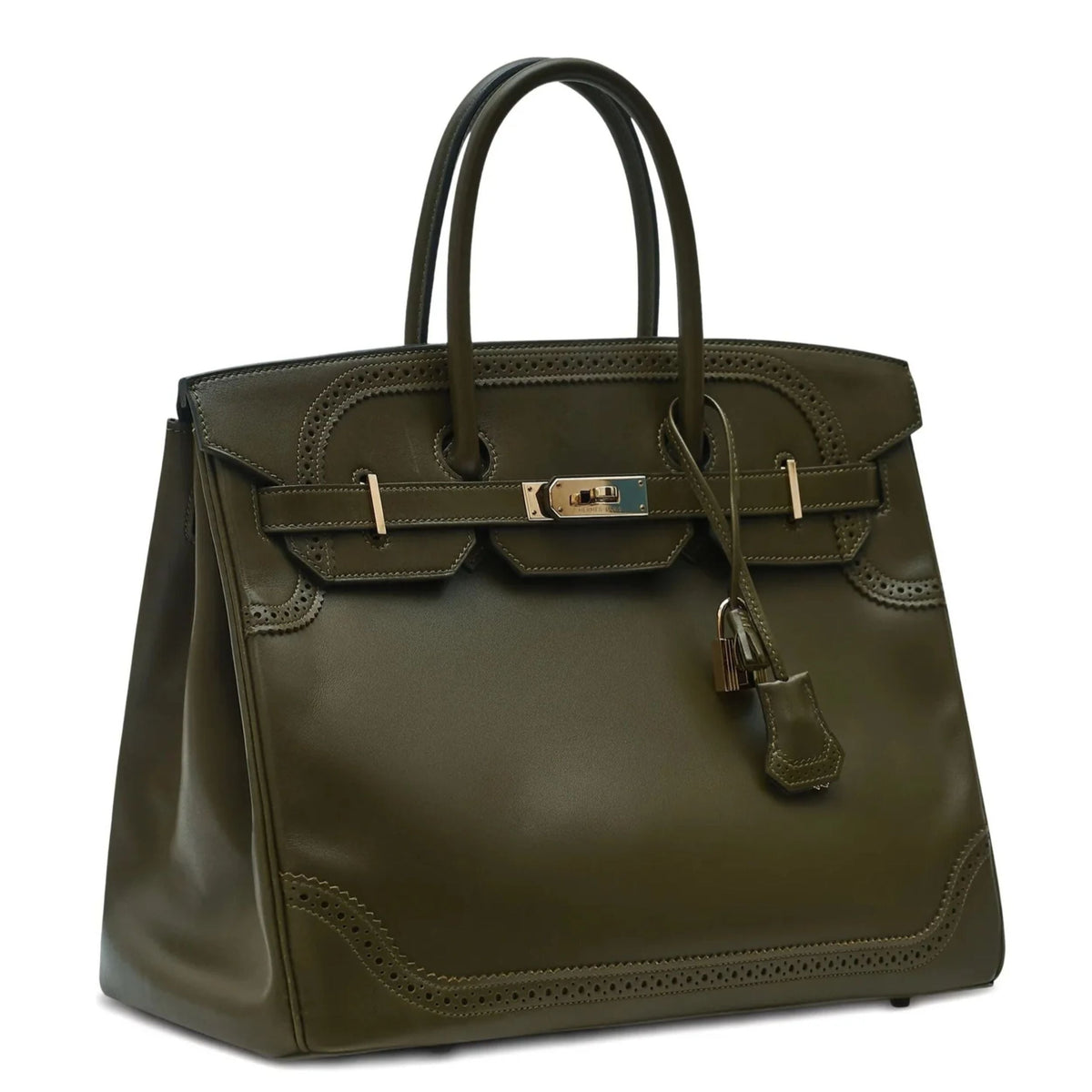 Hermès Birkin 35 Ghillies Tadelakt Vert Veronese top handle bag with smooth leather and elegant design.