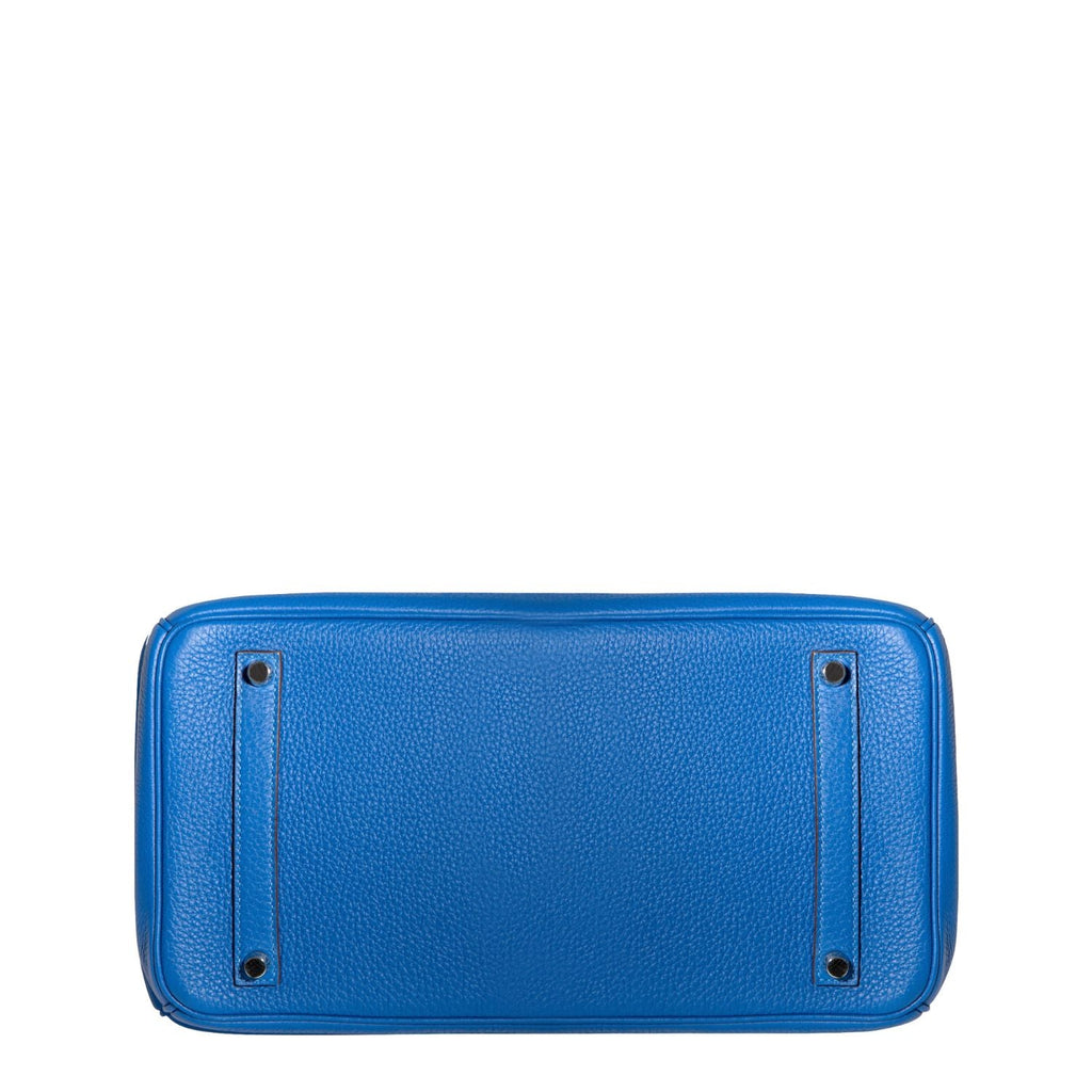 Hermès Birkin 35 Blue Mykonos Epsom top handle bag with gold hardware, showcasing its luxurious design and structured shape.