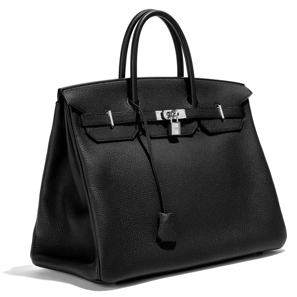 Hermès Birkin 40 Black Togo leather top handle bag with gold hardware, showcasing its structured silhouette and luxurious design.