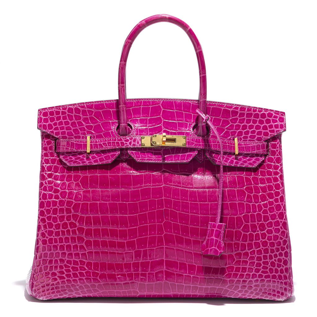 Hermès Birkin 35 Rose Sheherazade GHW top handle bag with gold hardware, showing its luxurious leather and elegant design.