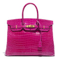Hermès Birkin 35 Rose Sheherazade GHW top handle bag with gold hardware, showing its luxurious leather and elegant design.