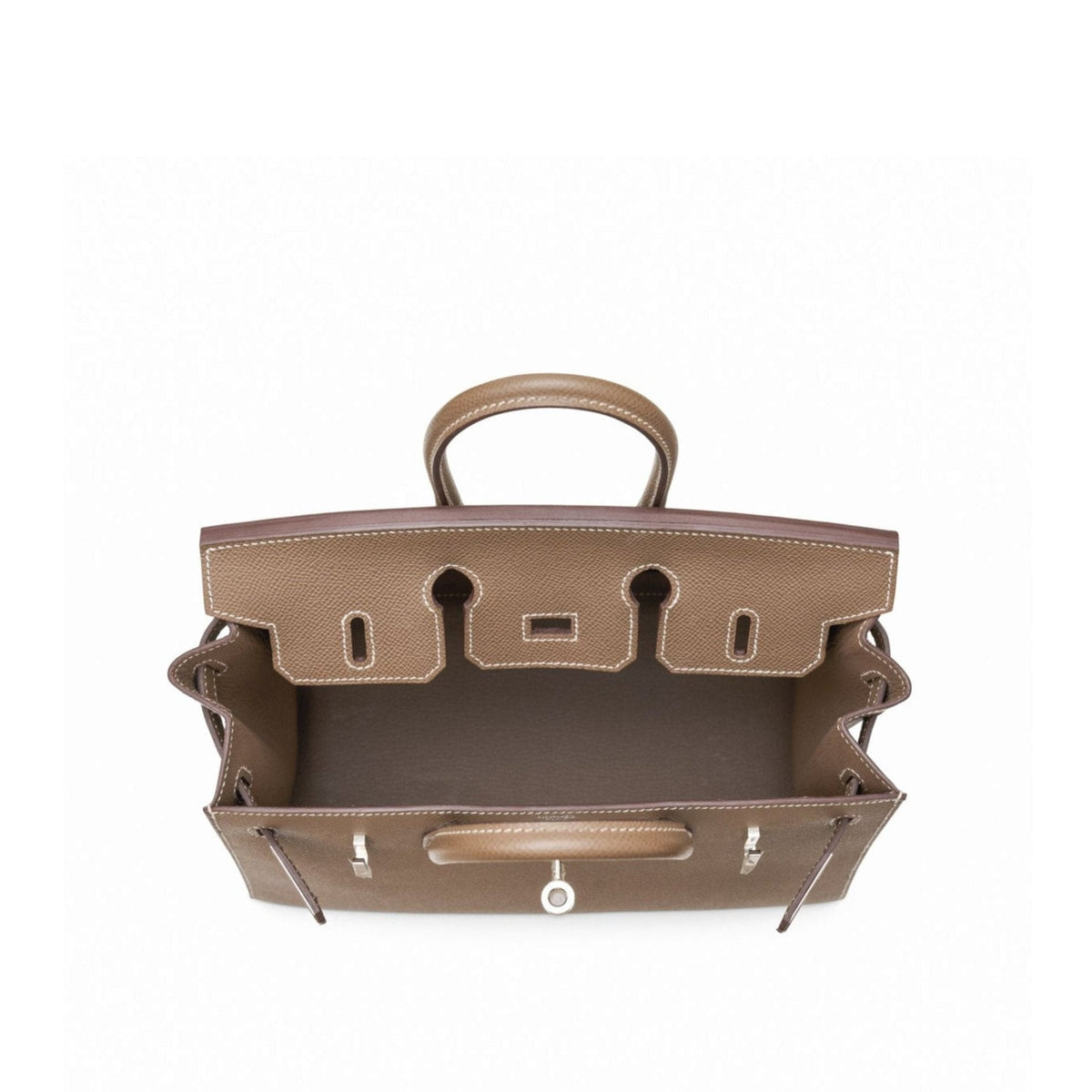 Hermès Birkin 25 Sellier top handle bag in Etoupe Epsom leather with palladium hardware, showcasing its structured design.