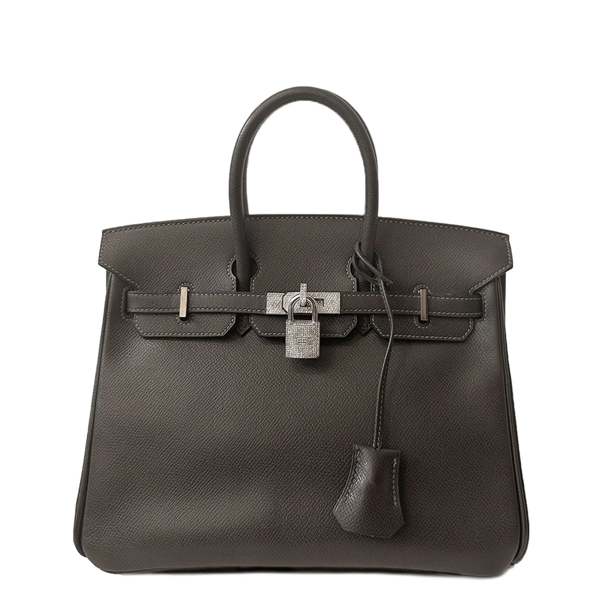 Hermès Birkin 25 Etain Epsom top handle bag with diamond accents, showcasing its elegant design and luxurious leather finish.