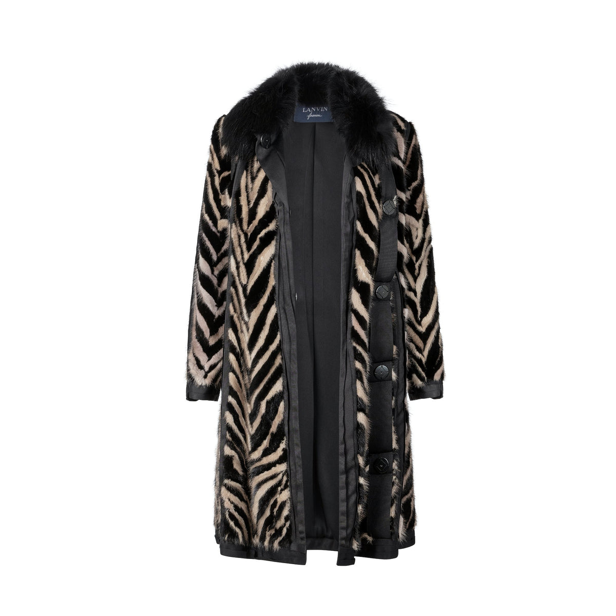 Lanvin animal print fur-collared coat showcasing a stylish outdoor coat with a bold animal print and luxurious fur collar.