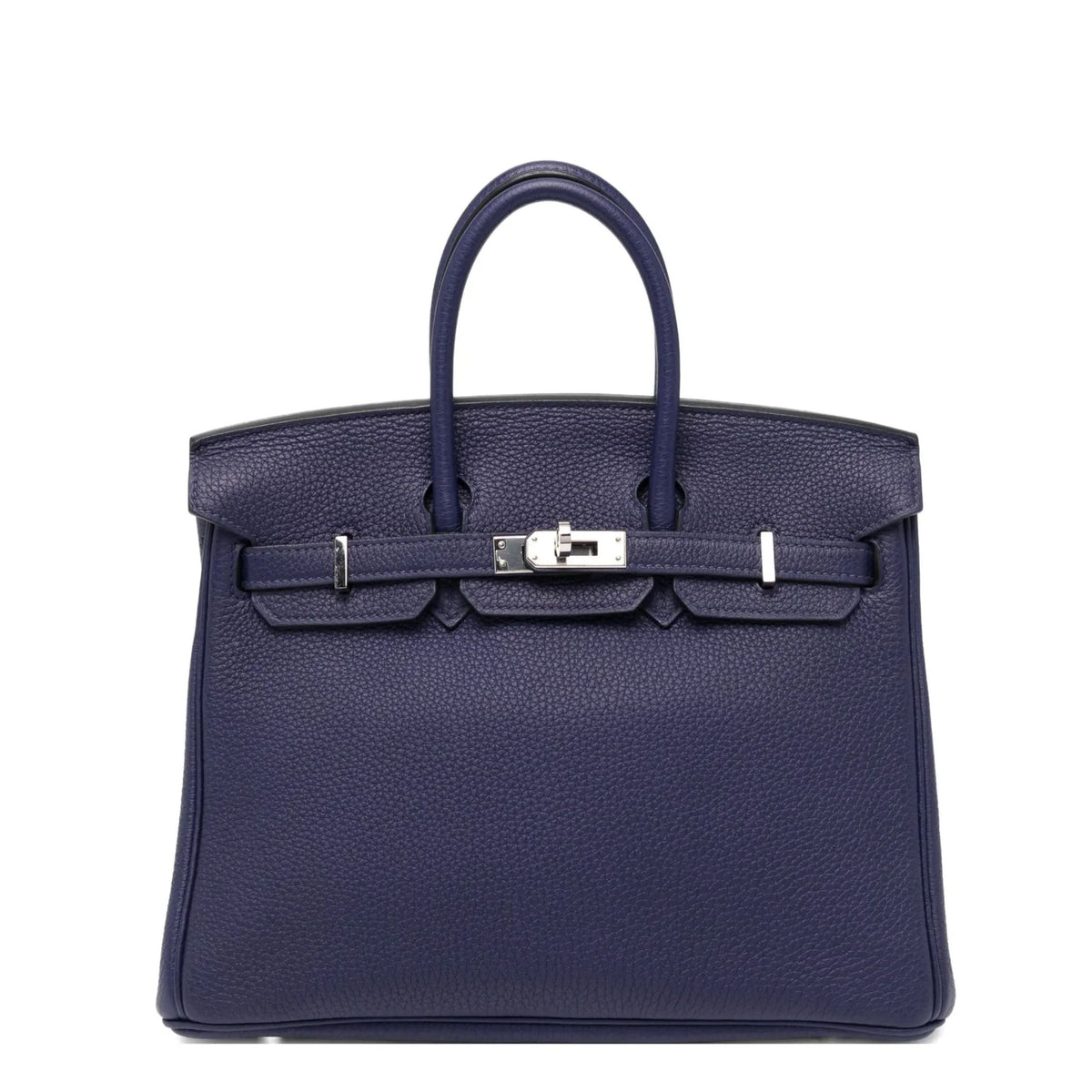 Hermès Birkin 25 Retourne Blue Sapphire Togo leather top handle bag with PHW hardware, showcasing elegant craftsmanship and design.