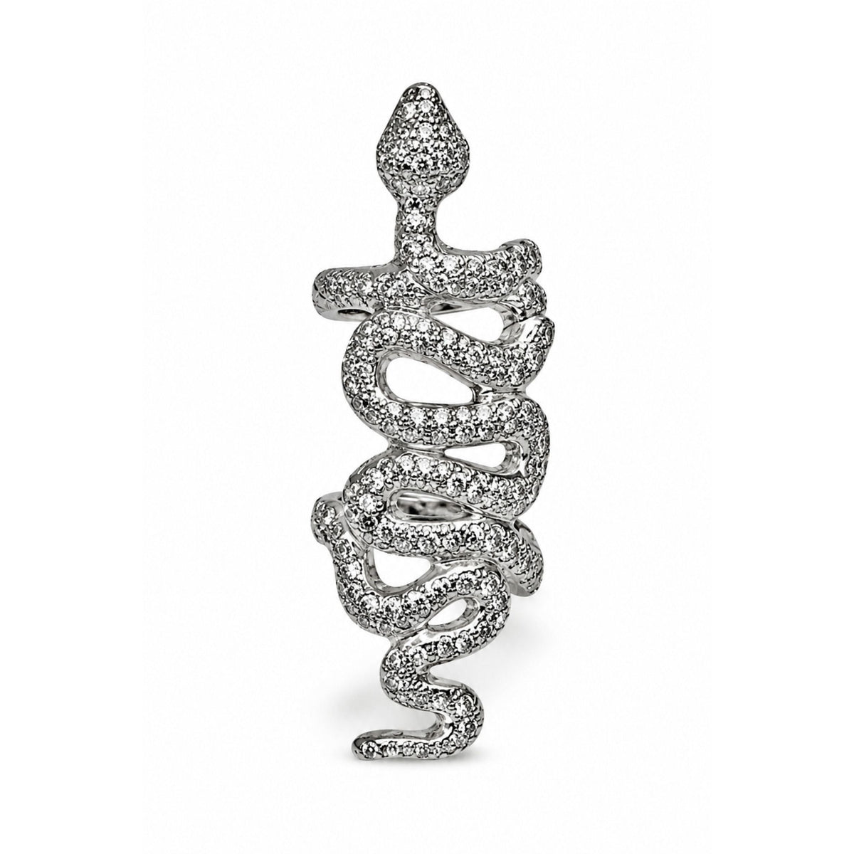 18K coiled snake ring by Other Designers, detailed gold jewelry with a sleek snake design, displayed against a neutral background.