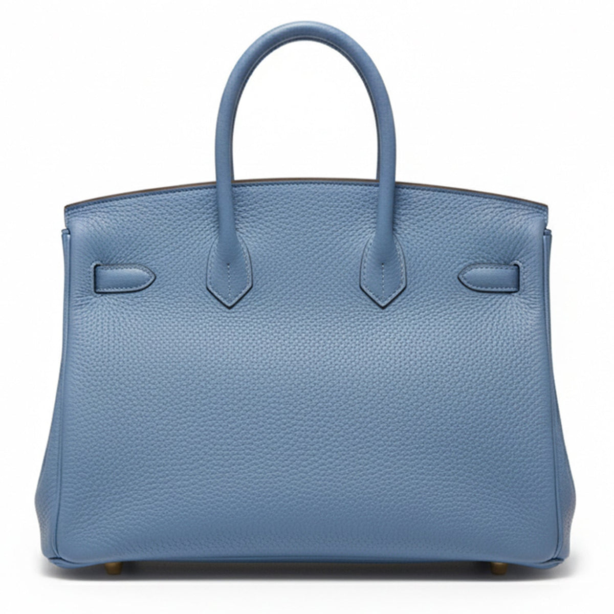 Hermès Birkin 35 Blue PHW top handle bag with structured design and gold hardware, shown from the back.