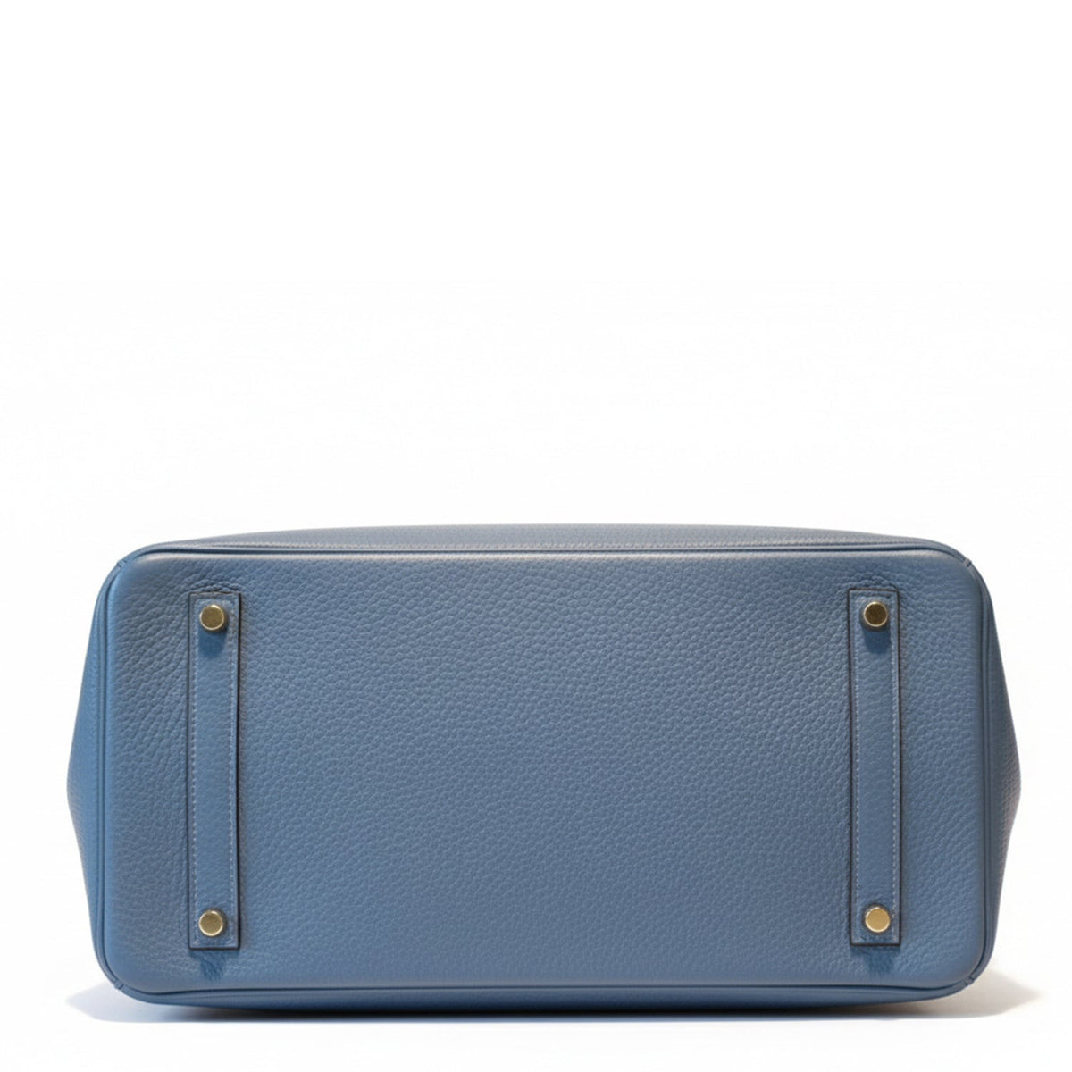 Hermès Birkin 35 Blue PHW top handle bag with smooth leather finish and gold hardware, shown from the bottom view.