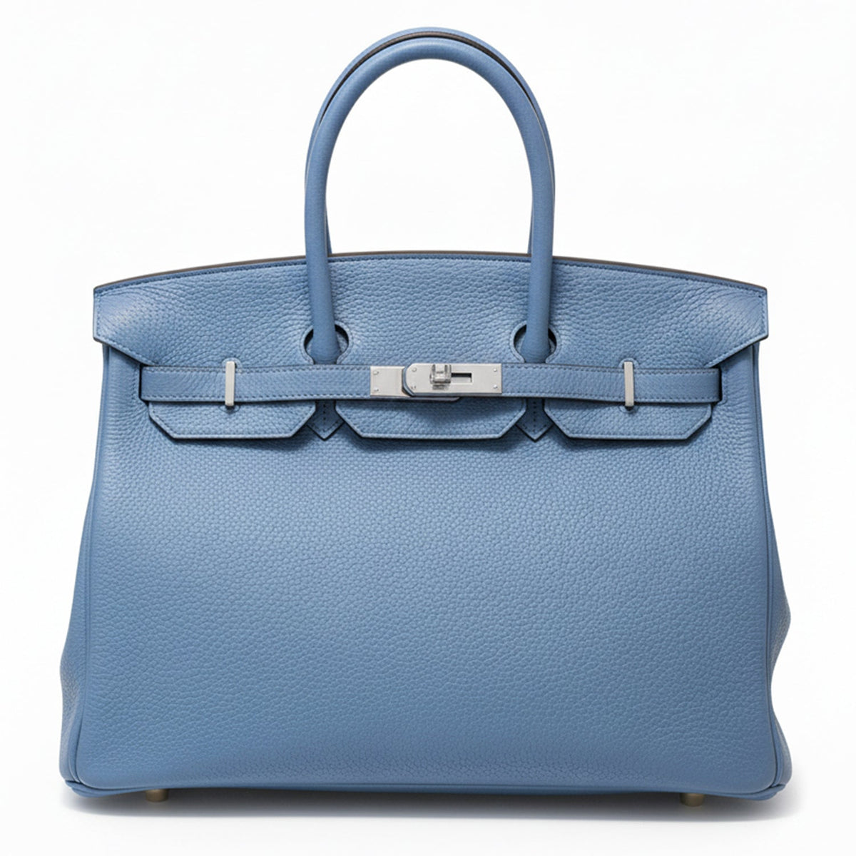 Hermès Birkin 35 Blue PHW top handle bag showing front view with structured leather and gold hardware.