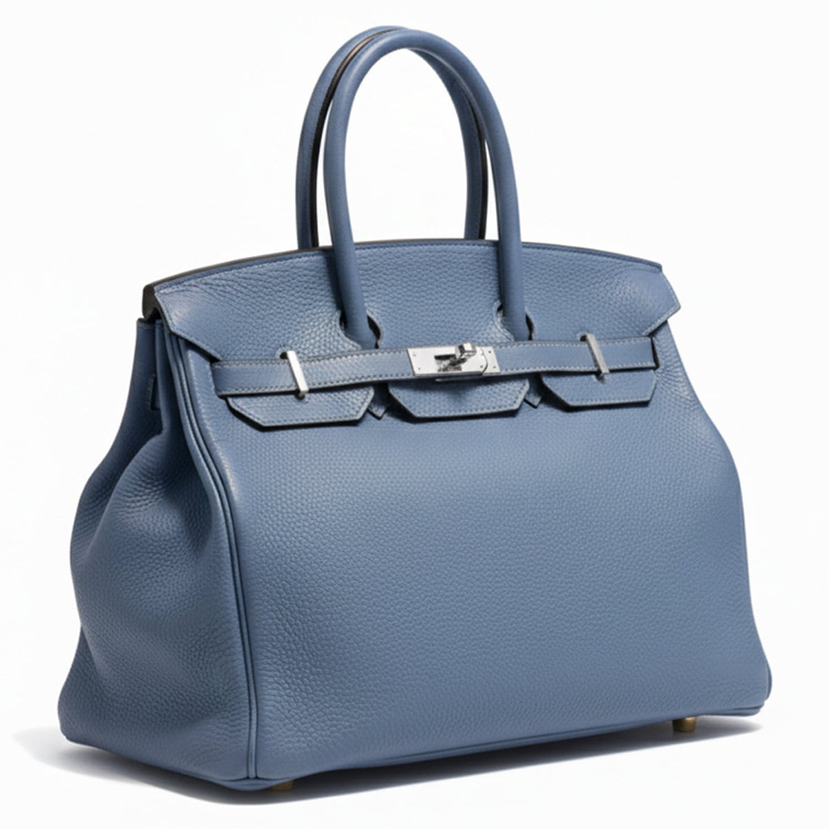 Hermès Birkin 35 Blue PHW top handle bag shown from the side with gold hardware and structured leather design.