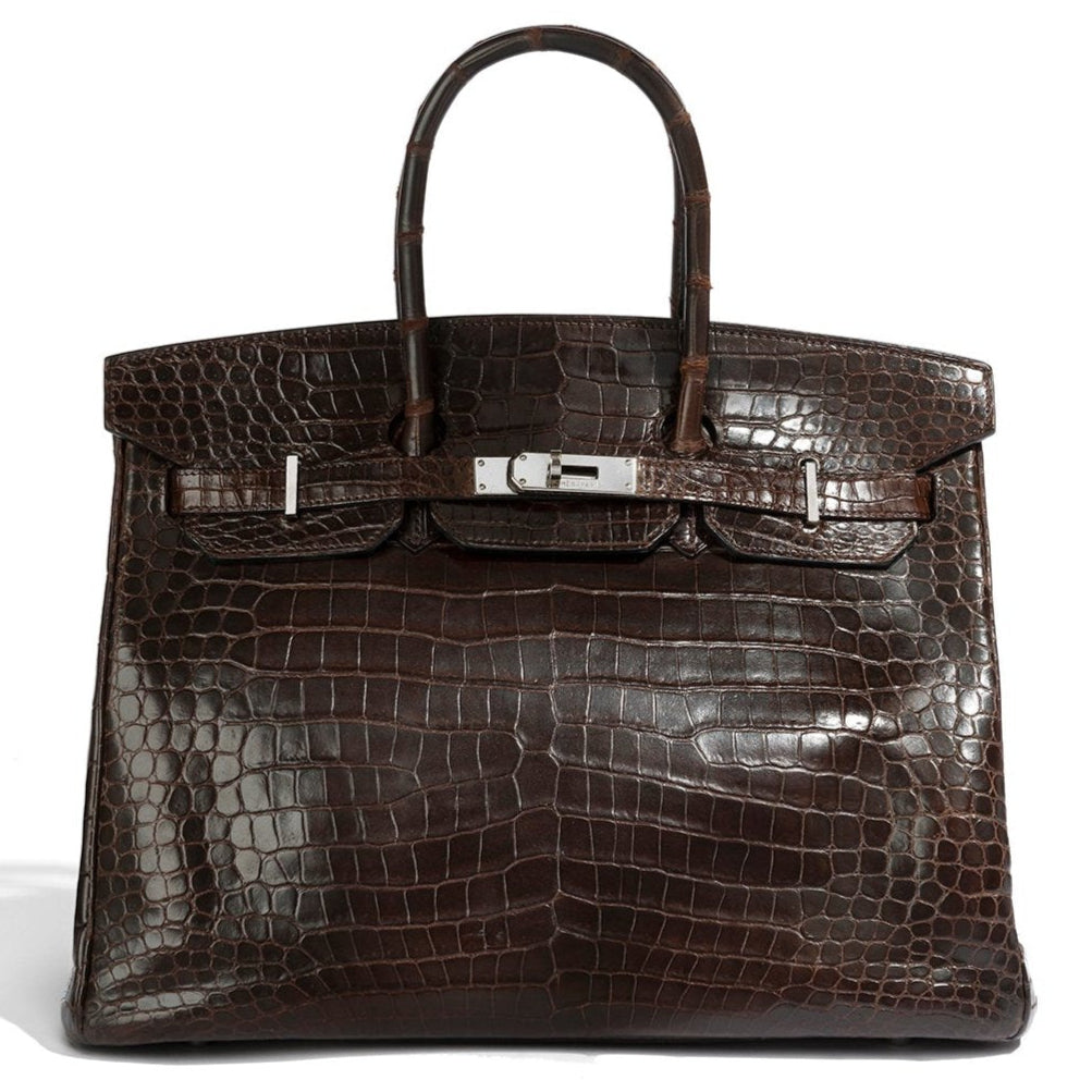 Hermès Birkin 35 Marron PHW top handle bag in brown leather, showcasing its elegant design and gold hardware.
