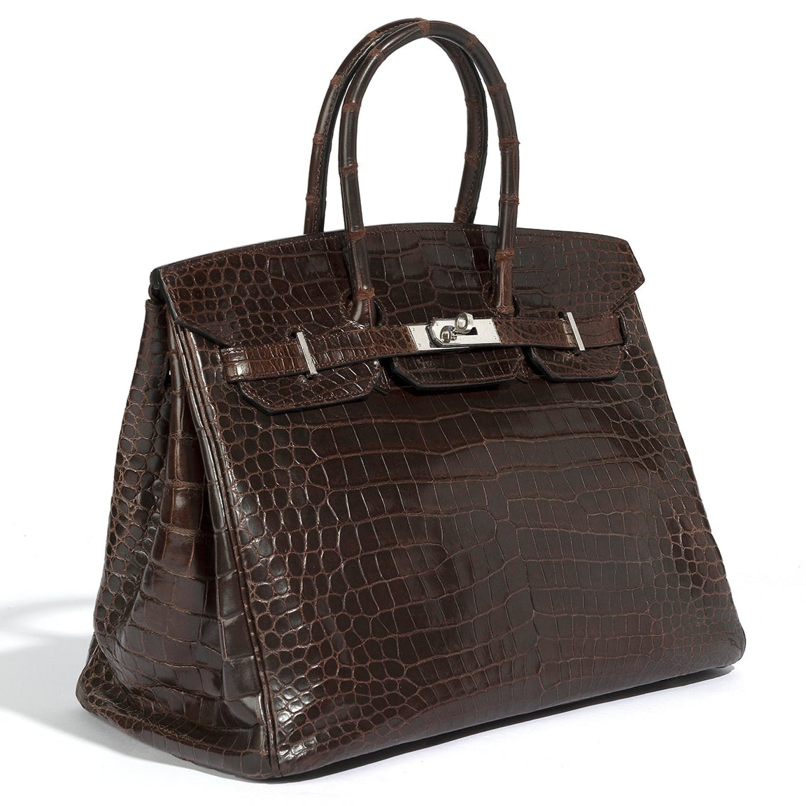 Hermès Birkin 35 Marron PHW top handle bag with smooth leather and gold hardware, showcasing its elegant design.