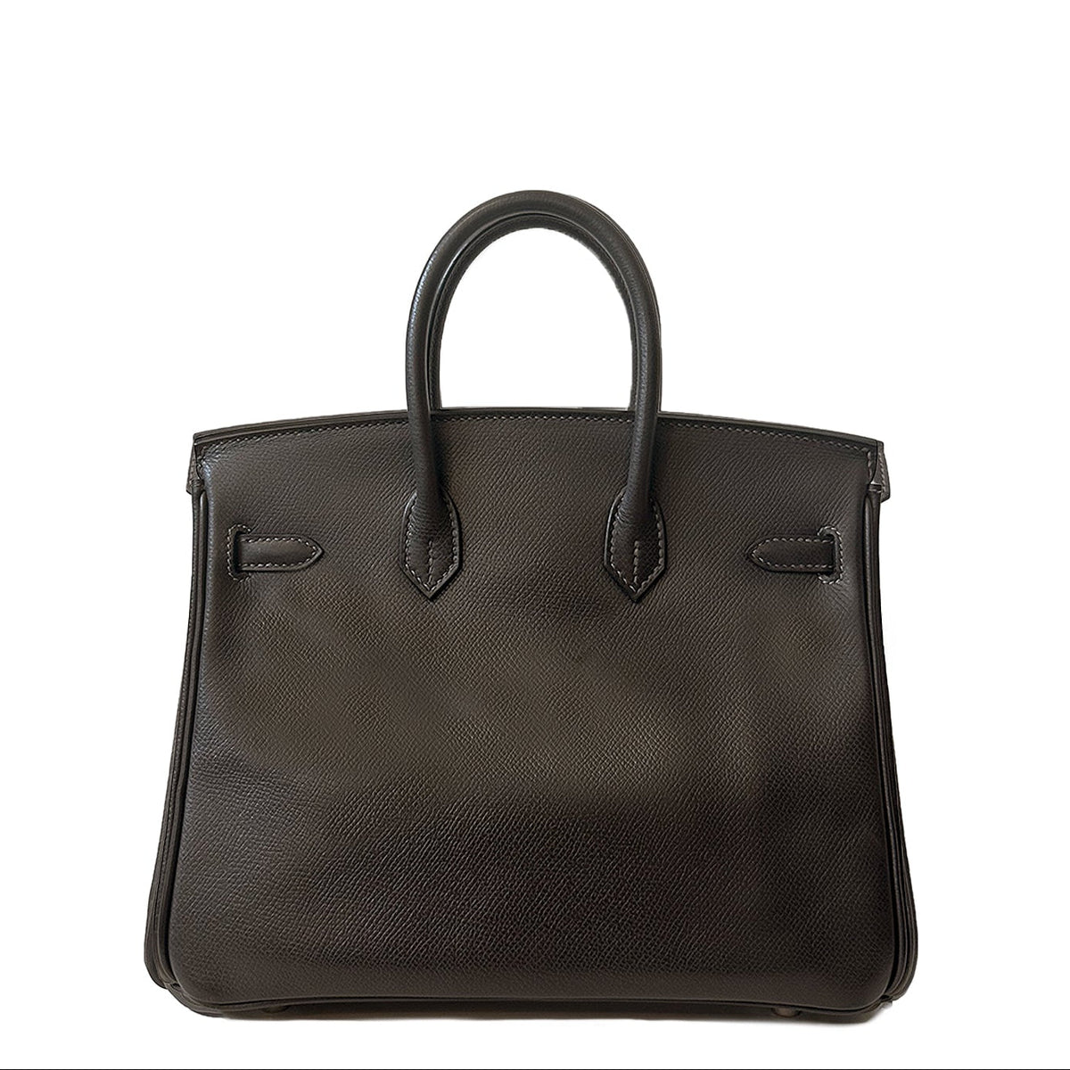 Hermès Birkin 25 Etain Epsom top handle bag with diamond accents, shown from the back. Gray leather, elegant and luxurious design.