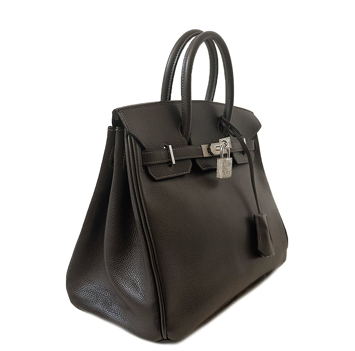 Hermès Birkin 25 Etain Epsom top handle bag with diamond accents, shown from a side angle highlighting its elegant grey-bejeweled design.