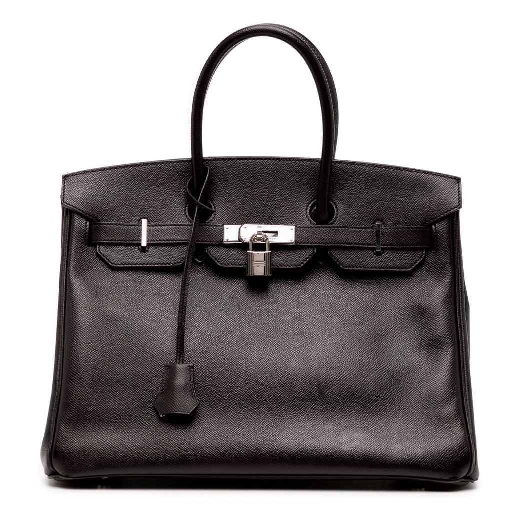 Hermès Birkin 35 Black Epsom leather top handle bag with gold hardware, showcasing its elegant design and structured shape.