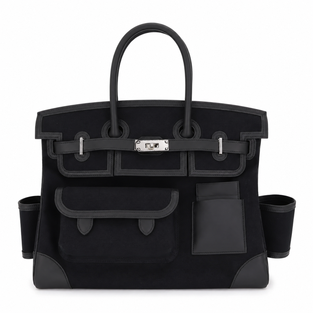 Hermès Birkin 35 Cargo Noir toile and Swift leather top handle bag with gold hardware, showcasing its elegant design.