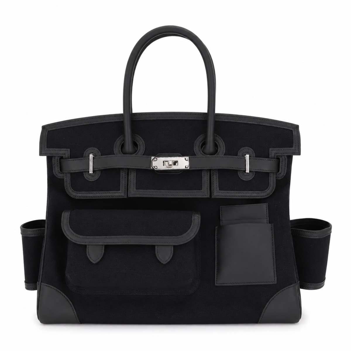Hermès Birkin 35 Cargo Noir toile and Swift leather top handle bag with gold hardware, showcasing its elegant design.