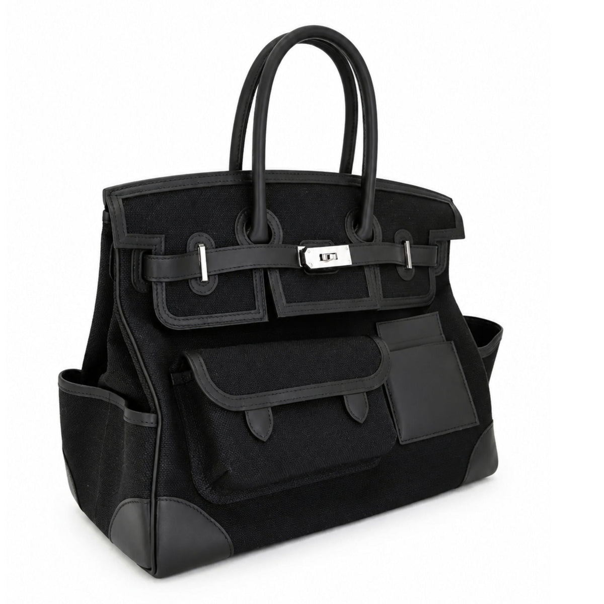 Hermès Birkin 35 Cargo Noir Toile Goéland and Swift PHW top handle bag with structured design and black leather accents.