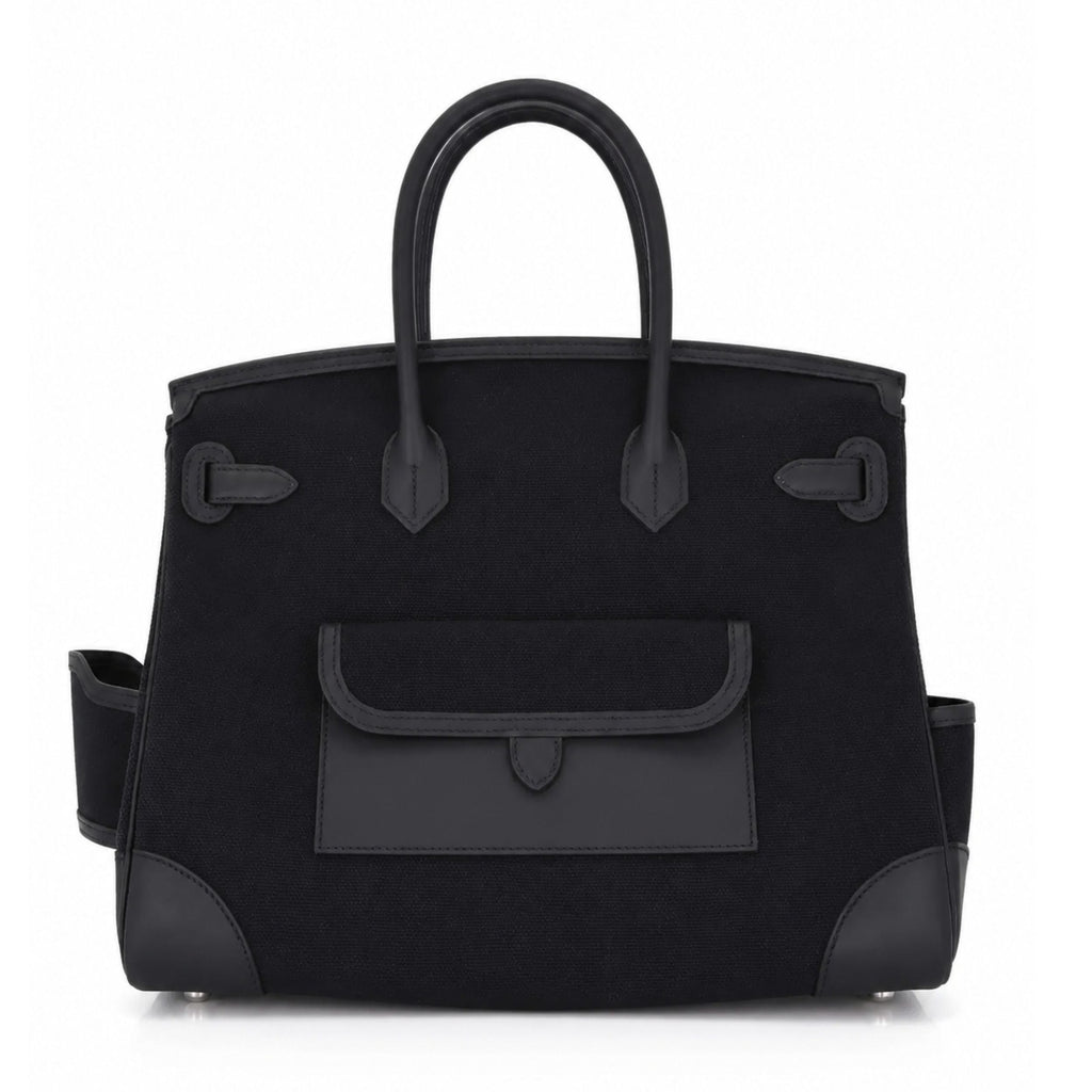 Hermès Birkin 35 Cargo Noir top handle bag in toile goéland and swift PHW leather, featuring structured design and gold hardware.