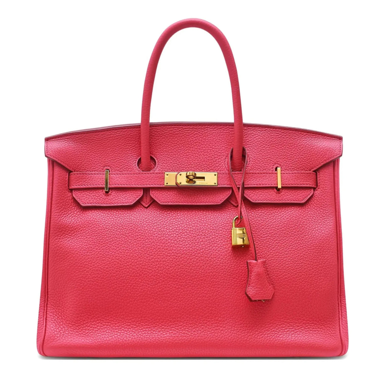 Hermès Birkin 35 Bougainvillea Clemence GHW top handle bag with gold hardware, showcasing the luxurious leather and elegant design.