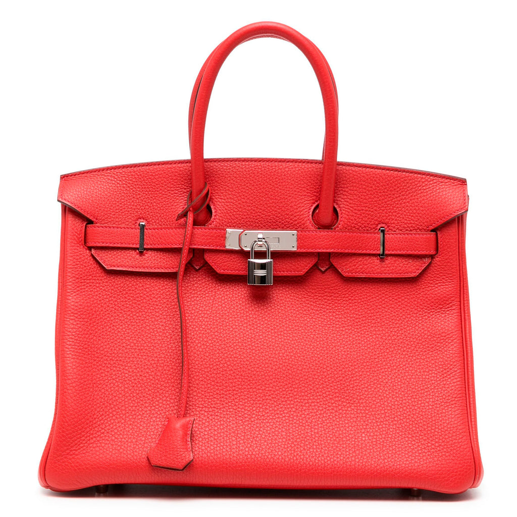 Hermès Birkin 35 Rouge Casaque Clemence leather top handle bag with gold hardware, showcasing its luxurious design and vibrant color.