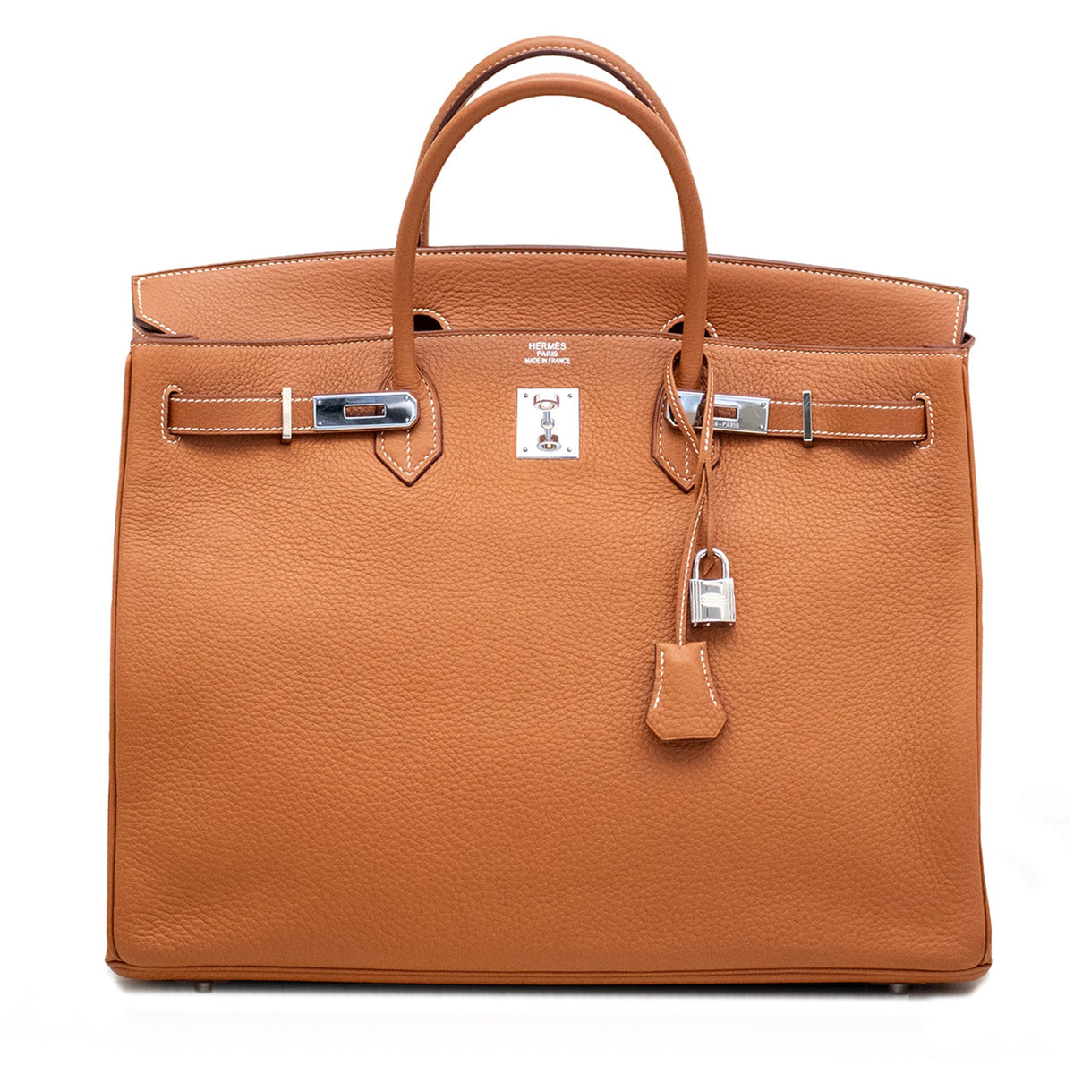Hermès Birkin 40 Gold Togo leather top handle bag, front view showcasing its luxurious design and craftsmanship.