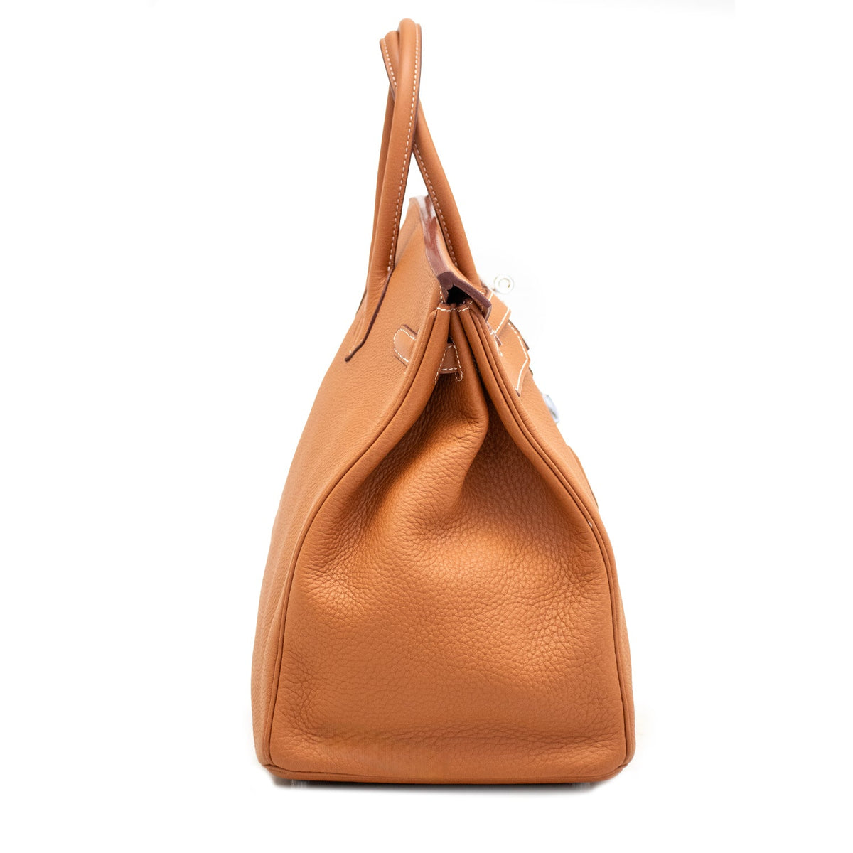 Hermès Birkin 40 Gold Togo leather top handle bag, side view showcasing its elegant design and gold hardware accents.