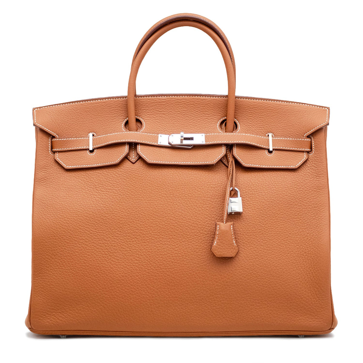 Hermès Birkin 40 Gold Togo PHW top handle bag shown from the front, featuring smooth gold leather and gold hardware accents.