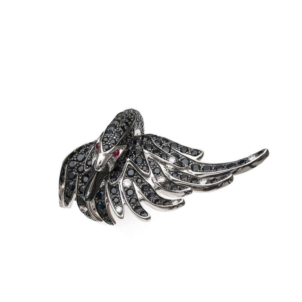 Boucheron Cypris Swan ring featuring a black diamond, elegant jewelry piece with a sleek design and intricate detailing.