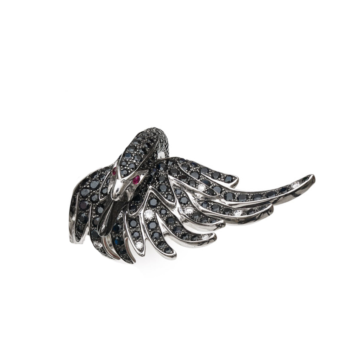 Boucheron Cypris Swan ring featuring a black diamond, elegant jewelry piece with a sleek design and intricate detailing.