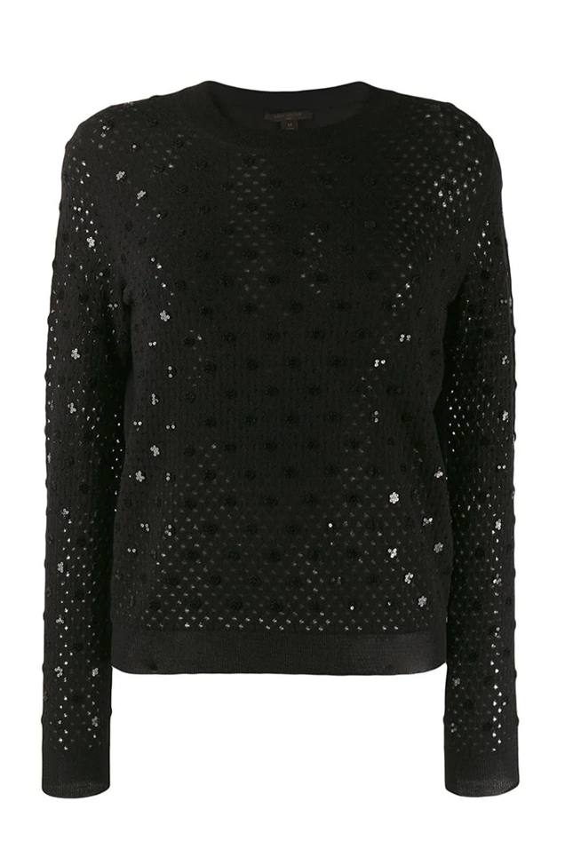 Black Louis Vuitton top with shimmering sequin embellishments, featuring a stylish and elegant design.