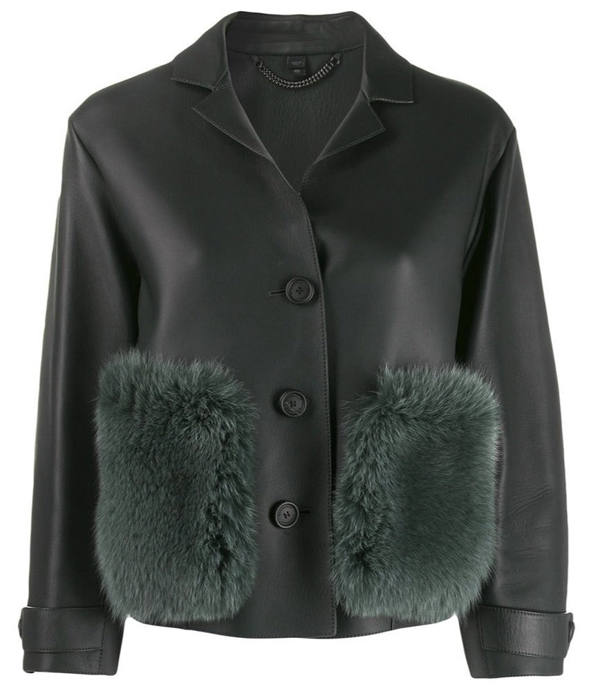 Black leather coat with fur trim from Prorsum, featuring a stylish design and classic collar, by Other Designers.