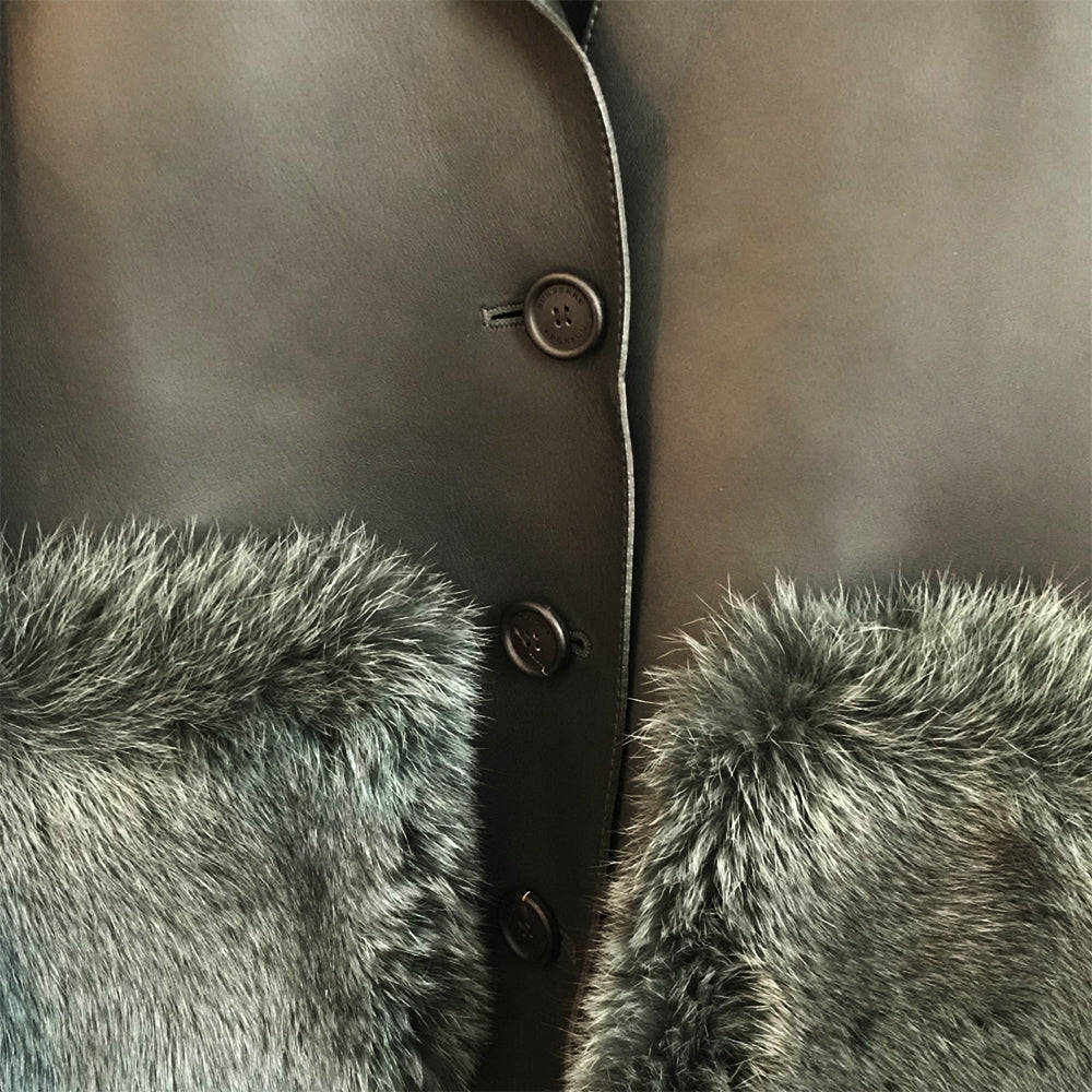 Black leather jacket with fur trim, designed by Prorsum, featuring a sleek coat style and high-quality craftsmanship.