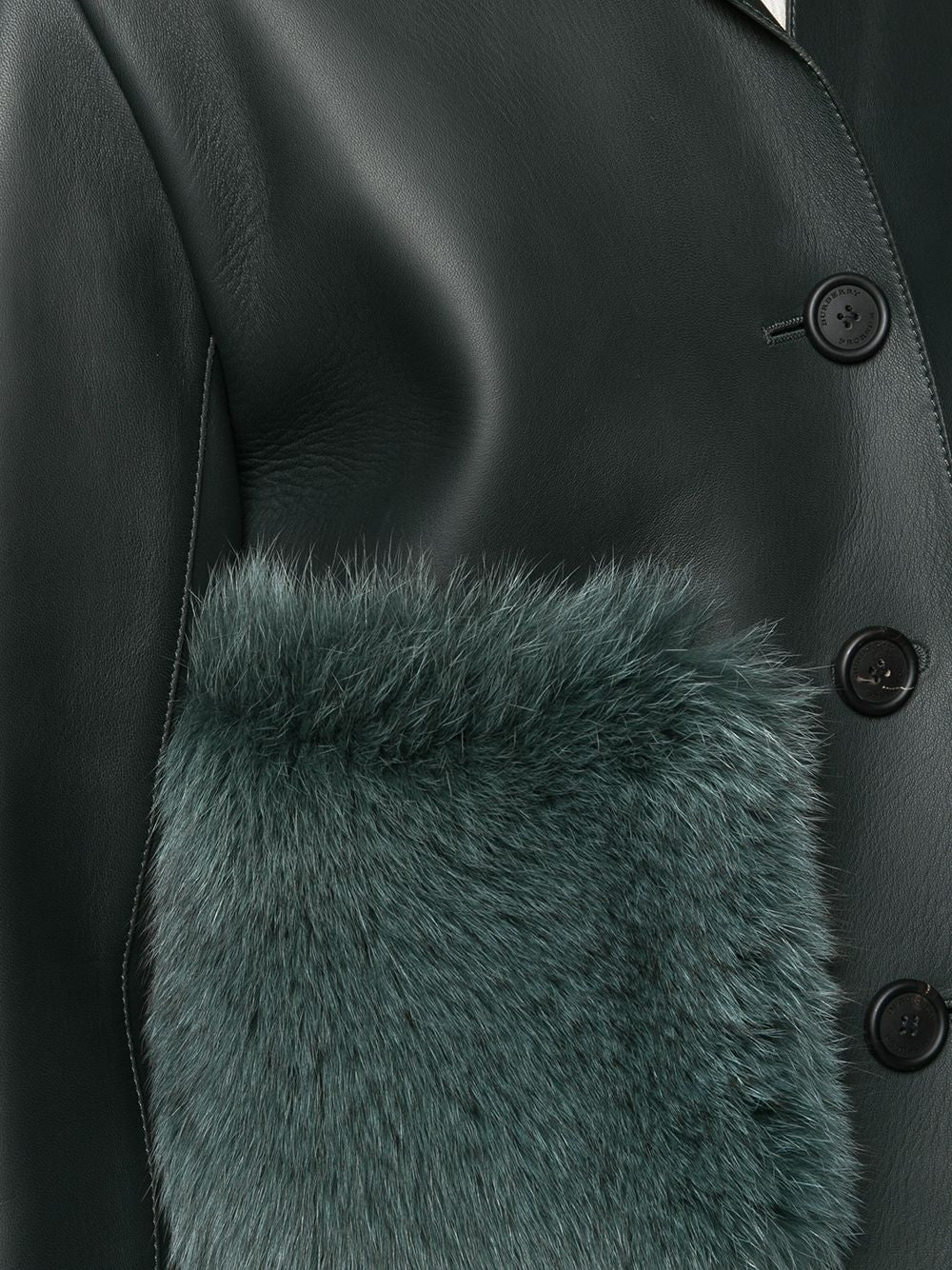 Black leather coat with fur trim by Prorsum, featuring a stylish design and classic fit, perfect for cold weather.