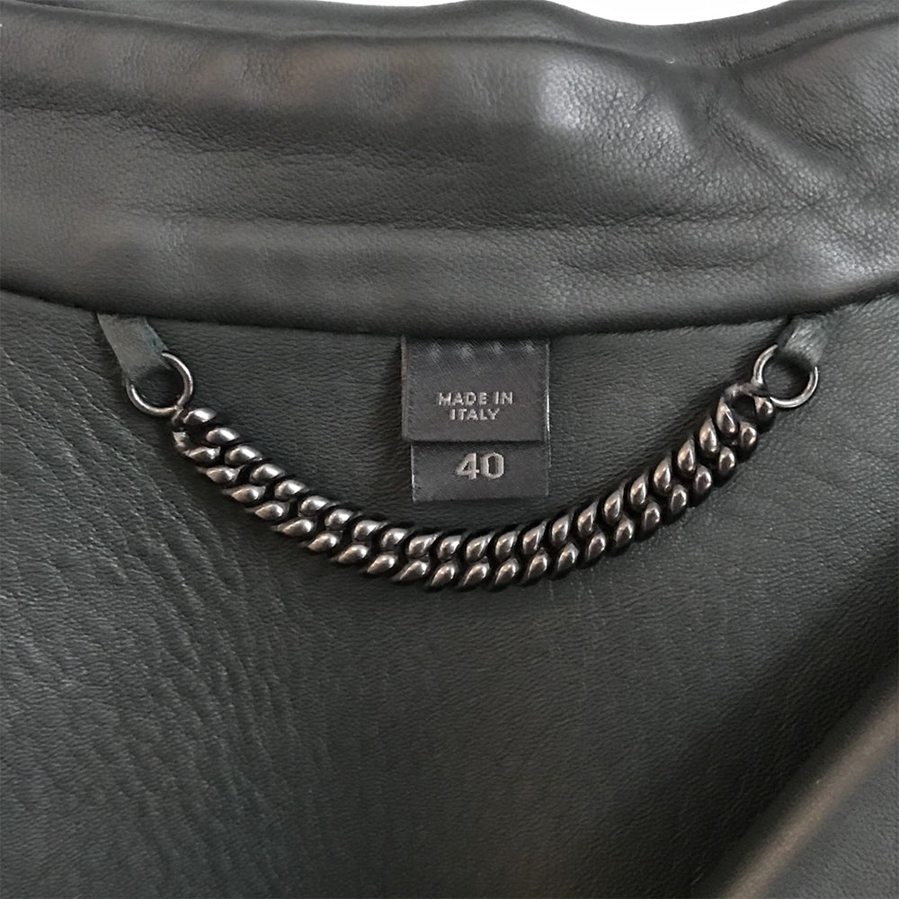 Black leather coat with fur trim from Prorsum, featuring a stylish design and high-quality craftsmanship.