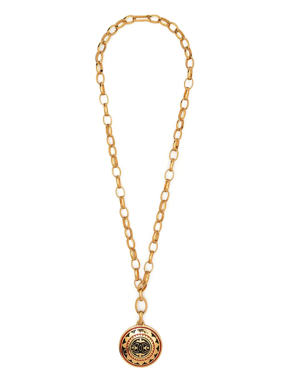 Chanel 1989 CC Medallion Necklace featuring a prominent gold-tone medallion pendant on a chain, stylish jewelry accessory.